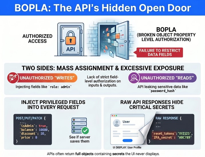 BOPLA diagram showing mass assignment attack injecting role admin into API request and excessive data exposure returning password hash in API response