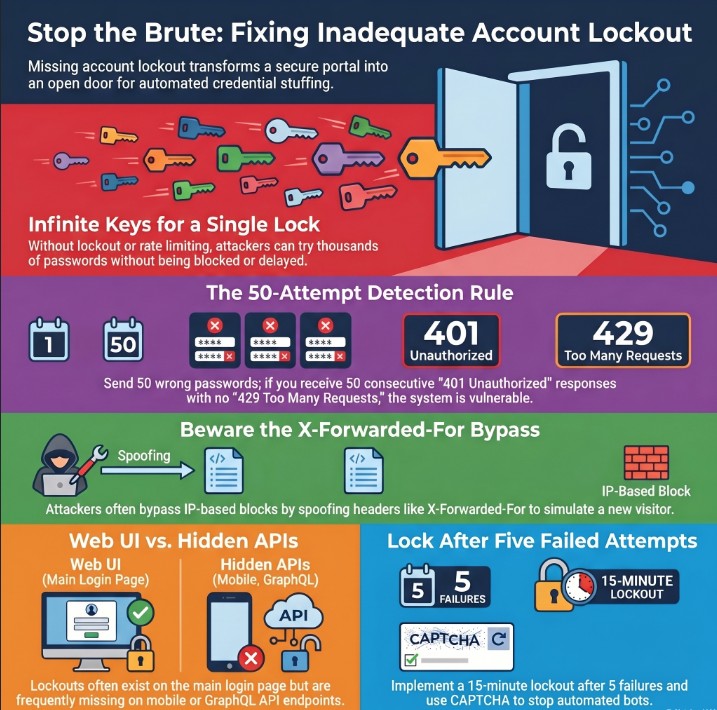 Inadequate Account Lockout diagram showing brute-force attack with 1000 login attempts hitting an unprotected API endpoint with no 429 rate limit response and no account lockout triggered