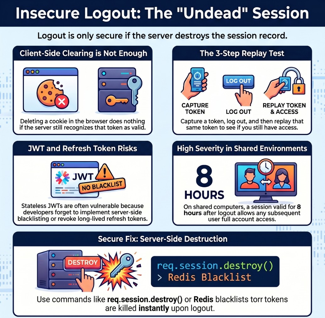 Insecure Logout diagram showing attacker replaying captured session token after victim has logged out of the application