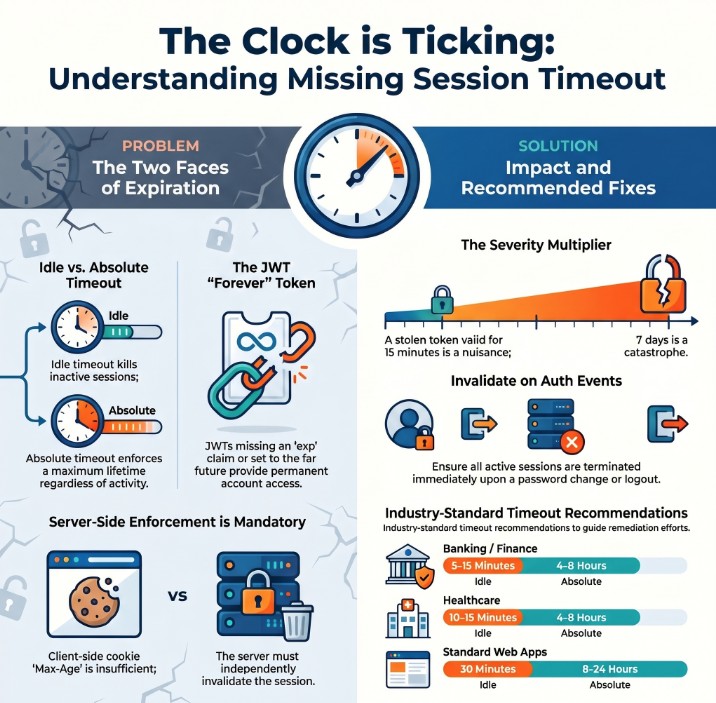 Missing Session Timeout diagram showing attacker replaying a stolen session token days after the victim logged out because no idle or absolute timeout was configured