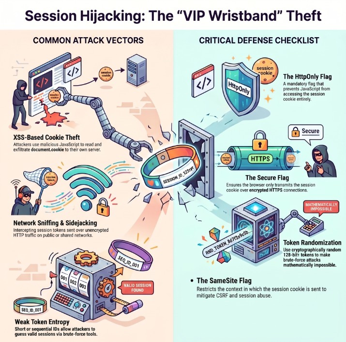 Session Hijacking diagram showing attacker stealing session token via XSS or network sniffing then replaying it to gain authenticated access to victim account