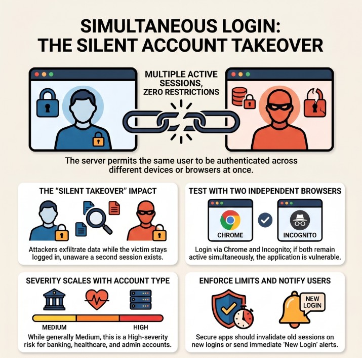 Simultaneous Login diagram showing attacker and victim both authenticated in the same account at the same time with two different sessions S1 and S2 both returning user data