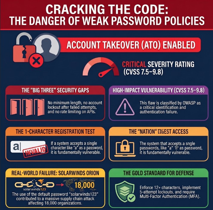 Weak Password Policy vulnerability diagram showing brute-force attack on login endpoint with no lockout and credential stuffing on API with weak passwords accepted