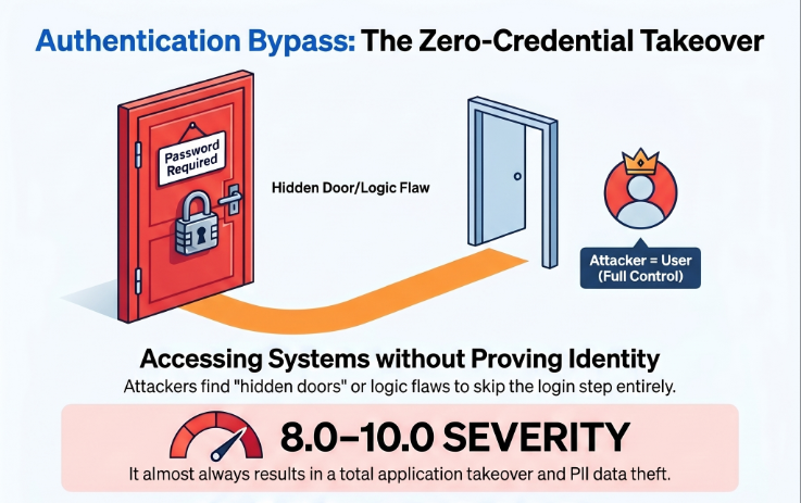 Authentication Bypass diagram showing attacker bypassing login verification through SQL injection, JWT tampering, and default credentials