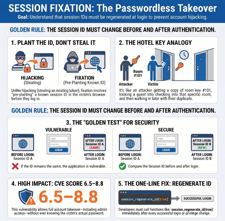 Session Fixation diagram showing attacker pre-planting session ID before victim login to gain authenticated access without credentials